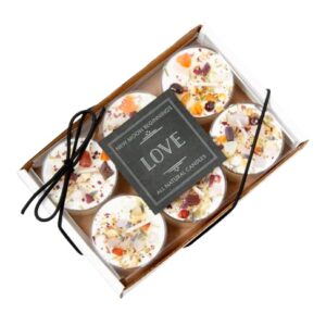 Love Candle by New Moon Beginnings - Dried Flower, Herb, & Crystal Candles - Love Intention Candle - All Natural Soy Candle, Pink, Set of 6 Tealights