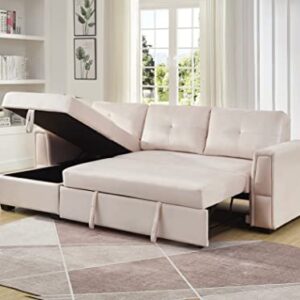 Legend Vansen 91" Wide Reversible Sofabed Sectional Sofas with Chaise，Velvet Storage L-Shape Twin Size for Living Room Couch Sleeper, Cream