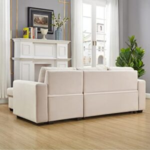 Legend Vansen 91" Wide Reversible Sofabed Sectional Sofas with Chaise，Velvet Storage L-Shape Twin Size for Living Room Couch Sleeper, Cream