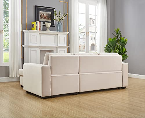 Legend Vansen 91" Wide Reversible Sofabed Sectional Sofas with Chaise，Velvet Storage L-Shape Twin Size for Living Room Couch Sleeper, Cream