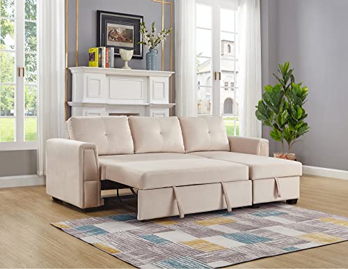 Legend Vansen 91" Wide Reversible Sofabed Sectional Sofas with Chaise，Velvet Storage L-Shape Twin Size for Living Room Couch Sleeper, Cream