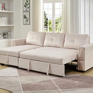 Legend Vansen 91" Wide Reversible Sofabed Sectional Sofas with Chaise，Velvet Storage L-Shape Twin Size for Living Room Couch Sleeper, Cream