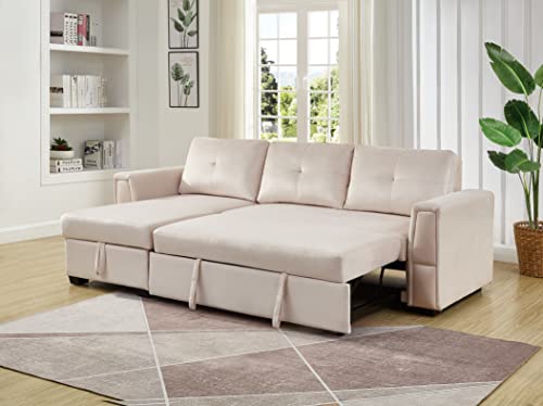 Legend Vansen 91" Wide Reversible Sofabed Sectional Sofas with Chaise，Velvet Storage L-Shape Twin Size for Living Room Couch Sleeper, Cream