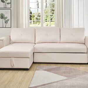 Legend Vansen 91" Wide Reversible Sofabed Sectional Sofas with Chaise，Velvet Storage L-Shape Twin Size for Living Room Couch Sleeper, Cream