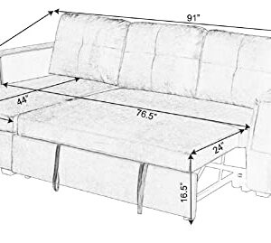 Legend Vansen 91" Wide Reversible Sofabed Sectional Sofas with Chaise，Velvet Storage L-Shape Twin Size for Living Room Couch Sleeper, Cream