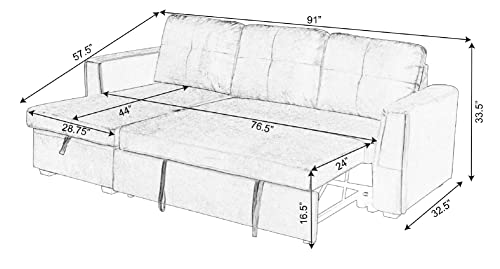 Legend Vansen 91" Wide Reversible Sofabed Sectional Sofas with Chaise，Velvet Storage L-Shape Twin Size for Living Room Couch Sleeper, Cream