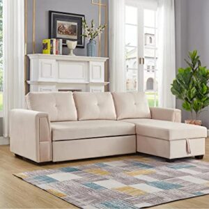 Legend Vansen 91" Wide Reversible Sofabed Sectional Sofas with Chaise，Velvet Storage L-Shape Twin Size for Living Room Couch Sleeper, Cream