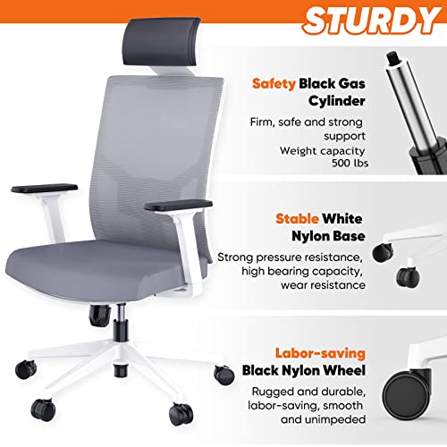 Season wind Ergonomic Office Chair, Mesh Home Office Desk Chairs Big and Tall Computer Chair Swivel Executive Chair with Wheels Heavy People Adjustable Armrest High Back Lumbar Support Headrest Grey