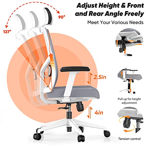 Season wind Ergonomic Office Chair, Mesh Home Office Desk Chairs Big and Tall Computer Chair Swivel Executive Chair with Wheels Heavy People Adjustable Armrest High Back Lumbar Support Headrest Grey