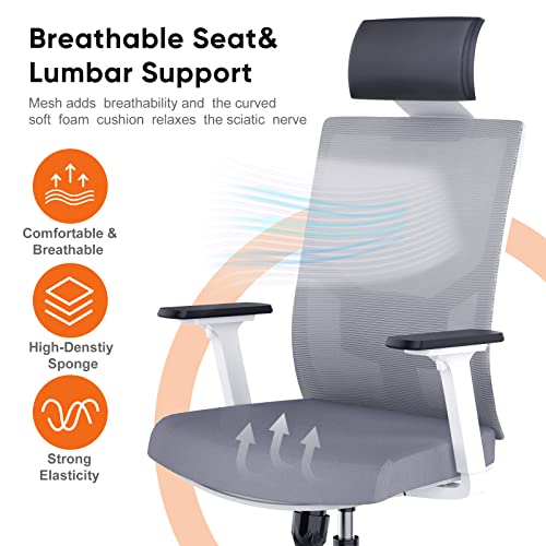 Season wind Ergonomic Office Chair, Mesh Home Office Desk Chairs Big and Tall Computer Chair Swivel Executive Chair with Wheels Heavy People Adjustable Armrest High Back Lumbar Support Headrest Grey