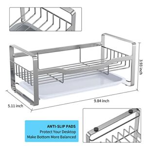 Cade Sink Caddy, Sponge Holder for Kitchen Sink, 304 Stainless Steel, Large Capacity Kitchen Sink Organizer Soap Brush Dispenser, Countertop with Removable Drain Tray (Silver)