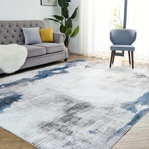 oigae washable rug 5x7, abstract modern area rugs with non-slip backing non-shedding floor mat throw carpet for living room bedroom kitchen laundry home office, white/blue