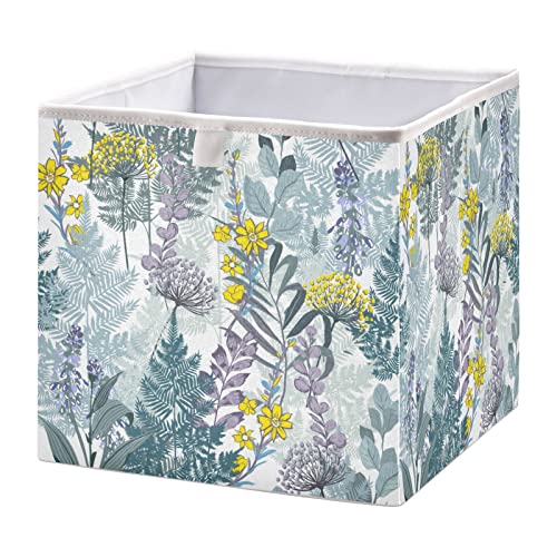 Kigai Yellow Flowers Leaves Cube Storage Bins - 11x11x11 In Large Foldable Storage Basket Fabric Storage Baskes Organizer for Toys, Books, Shelves, Closet, Home Decor