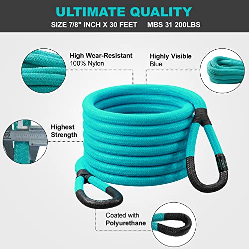 Zeritoof 7/8"×30ft Kinetic Recovery Tow Rope (31,200lbs) Heavy Duty Kinetic Rope, with 2 Soft Shackles 3/8" x 20" (34,400lbs), for Trucks, Jeep, SUV, Offroad, ATV, UTV, Or Snowmobile