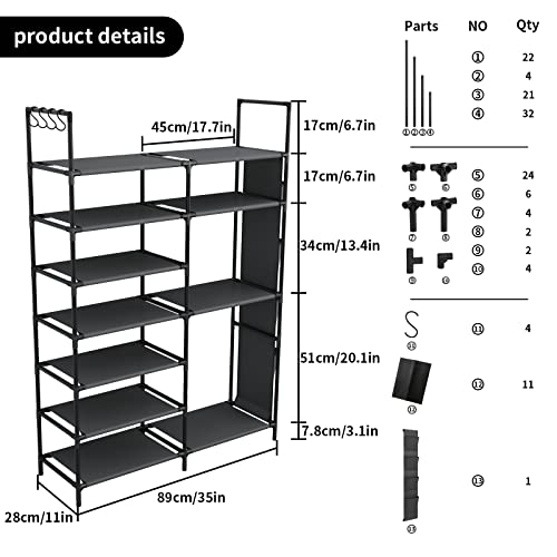 Kottwca 7 Tiers Shoe Rack Metal Shoe Organizer for Entryway Closet, 24-28 Pairs Stackable Shoe and Boots Shelf Storage Cabinet with Hooks and Side Hanging Pockets for Bedroom, Garage, Black