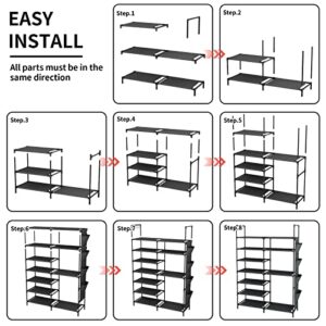 Kottwca 7 Tiers Shoe Rack Metal Shoe Organizer for Entryway Closet, 24-28 Pairs Stackable Shoe and Boots Shelf Storage Cabinet with Hooks and Side Hanging Pockets for Bedroom, Garage, Black