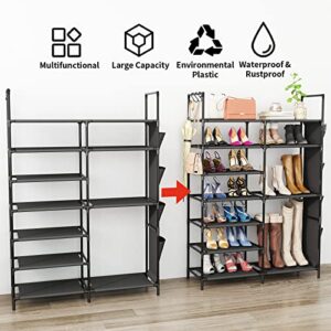 Kottwca 7 Tiers Shoe Rack Metal Shoe Organizer for Entryway Closet, 24-28 Pairs Stackable Shoe and Boots Shelf Storage Cabinet with Hooks and Side Hanging Pockets for Bedroom, Garage, Black