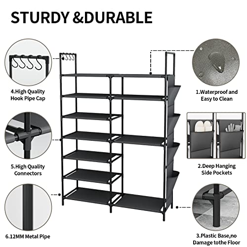 Kottwca 7 Tiers Shoe Rack Metal Shoe Organizer for Entryway Closet, 24-28 Pairs Stackable Shoe and Boots Shelf Storage Cabinet with Hooks and Side Hanging Pockets for Bedroom, Garage, Black