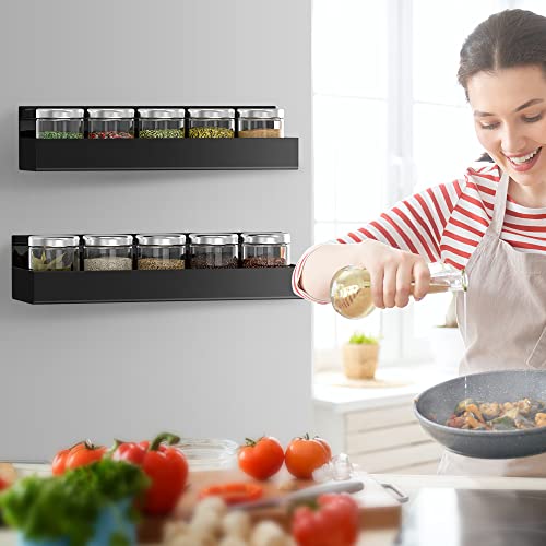 OFFSIR Spice Rack for Refrigerator, Magnetic Shelf with 4 Removable Hooks, Strong Magnetic Spice Rack, Crystal Clear Acrylic Magnetic Shelves for Whiteboard Holding Spices, Black 2 Packs