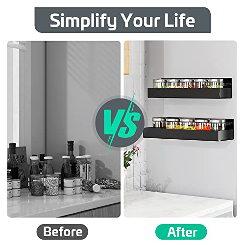 OFFSIR Spice Rack for Refrigerator, Magnetic Shelf with 4 Removable Hooks, Strong Magnetic Spice Rack, Crystal Clear Acrylic Magnetic Shelves for Whiteboard Holding Spices, Black 2 Packs