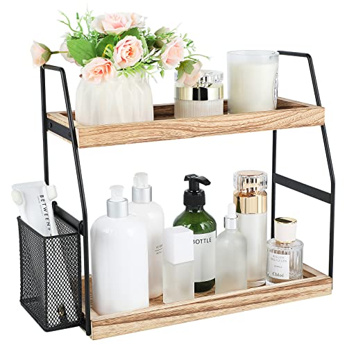 Nroech Bathroom Organizer Countertop, 2-Tier Standing Counter Shelf with Basket, Wood Tray for Kitchen Vanity Organizer