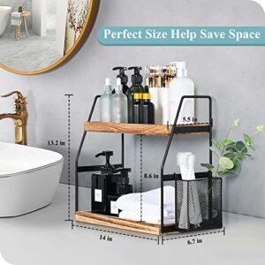 Nroech Bathroom Organizer Countertop, 2-Tier Standing Counter Shelf with Basket, Wood Tray for Kitchen Vanity Organizer