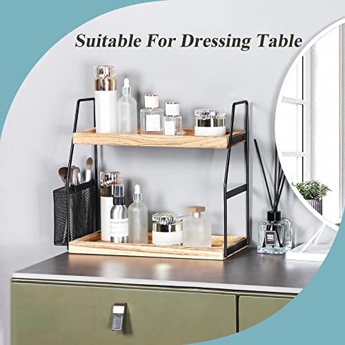 Nroech Bathroom Organizer Countertop, 2-Tier Standing Counter Shelf with Basket, Wood Tray for Kitchen Vanity Organizer