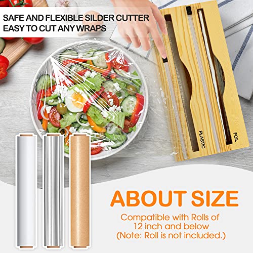PentaQ Foil and Plastic Wrap Organizer, WrapNeat 2 in 1 Plastic Wrap Dispenser with Cutter and Labels, Aluminum Foil Organization and Storage, 12" Roll Organizer Holder for Kitchen Drawer (Natural)