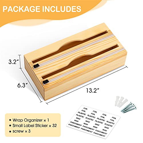 PentaQ Foil and Plastic Wrap Organizer, WrapNeat 2 in 1 Plastic Wrap Dispenser with Cutter and Labels, Aluminum Foil Organization and Storage, 12" Roll Organizer Holder for Kitchen Drawer (Natural)