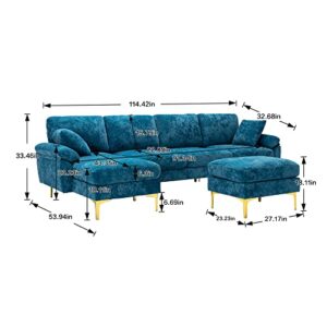 DHHU L/U-Shaped, Modern Upholstered Fabric Sofa, Convertible Left and Right Side Loungers with Footrest, Sectional Couch for Living Room or Office, C-Teal Blue