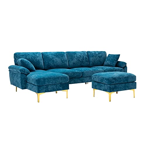 DHHU L/U-Shaped, Modern Upholstered Fabric Sofa, Convertible Left and Right Side Loungers with Footrest, Sectional Couch for Living Room or Office, C-Teal Blue