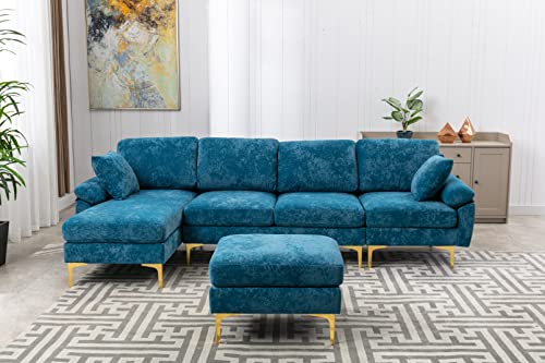 DHHU L/U-Shaped, Modern Upholstered Fabric Sofa, Convertible Left and Right Side Loungers with Footrest, Sectional Couch for Living Room or Office, C-Teal Blue