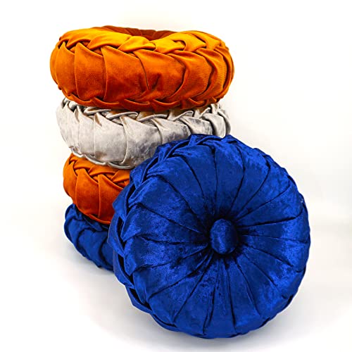 ANQILEE Royal Blue Velvet Round Pillow Pumpkin Round Cushion Throw Pillow 3D Craftsmanship HandmadePleated for Couch Decorative Floor mats Car Pillows