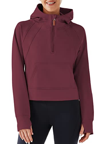 URBEST Women's Hoodies Fleece Lined Collar Pullover Half Zipper Sweatshirts Long Sleeve Crop Sweater Tops with Thumb Hole BURGUNDY XL