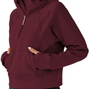 URBEST Women's Hoodies Fleece Lined Collar Pullover Half Zipper Sweatshirts Long Sleeve Crop Sweater Tops with Thumb Hole BURGUNDY XL