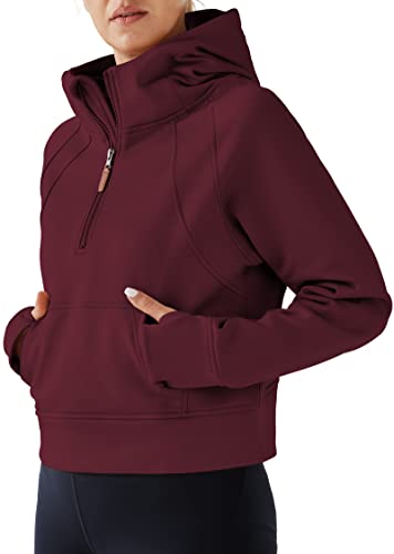 URBEST Women's Hoodies Fleece Lined Collar Pullover Half Zipper Sweatshirts Long Sleeve Crop Sweater Tops with Thumb Hole BURGUNDY XL