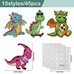 MWOOT 45 Pcs Paper Dinosaur Cutout Decoration Set,Creative Bulletin Board Cut-Out with Glue Point Dots for Classroom Party Supplies Decorations,Cute Animals Cardstock for Gift Child(15 Styles,15x15cm)