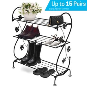 CLSYO 3-Tier Shoe Rack, Metal Shoe stand Organizer, Shoe Shelf for Storage Closets, Entryway, Hallway and Cloakroom, Black