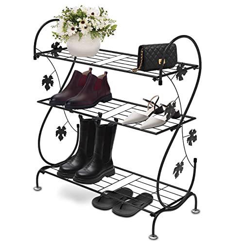 CLSYO 3-Tier Shoe Rack, Metal Shoe stand Organizer, Shoe Shelf for Storage Closets, Entryway, Hallway and Cloakroom, Black