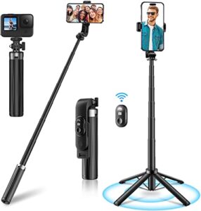 macoo selfie stick phone tripod with remote upgrade quadripod design 40'' extendable rechargeable bluetooth control mini compact lightweight for travel compatible iphone samsung all cell phone… black