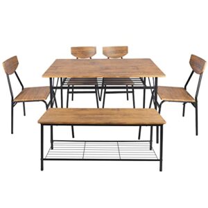 akvombi dining table set for 6 with bench, kitchen table and chairs set, dinning room table with storage racks, rectangular table, 4 chairs, steel frame, brown