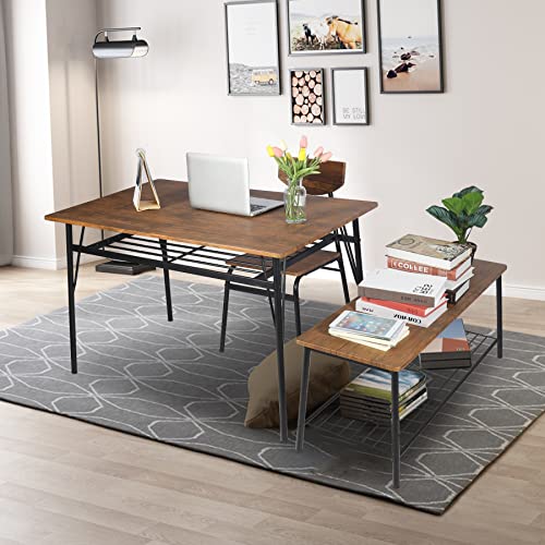 AKVOMBI Dining Table Set for 6 with Bench, Kitchen Table and Chairs Set, Dinning Room Table with Storage Racks, Rectangular Table, 4 Chairs, Steel Frame, Brown