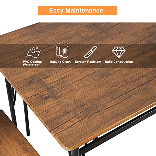 AKVOMBI Dining Table Set for 6 with Bench, Kitchen Table and Chairs Set, Dinning Room Table with Storage Racks, Rectangular Table, 4 Chairs, Steel Frame, Brown