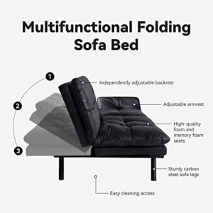 Opoiar Futon Sofa Bed Couch with Frame and Mattress,Black Faxu Memory Foam Leather Futon Split seat, Folding Modern Sleeper Sofa Love seat for Small Space/Drom/Office/Apartment