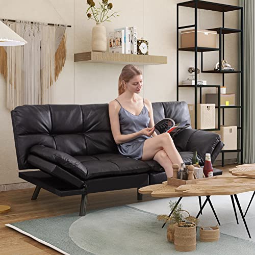 Opoiar Futon Sofa Bed Couch with Frame and Mattress,Black Faxu Memory Foam Leather Futon Split seat, Folding Modern Sleeper Sofa Love seat for Small Space/Drom/Office/Apartment