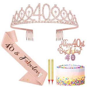 mvuocr 40th birthday decorations gifts for women, 40th birthday crown/tiara and 40 birthday sash, cake toppers birthday candle, rose gold 40 birthday decorations party accessories for women