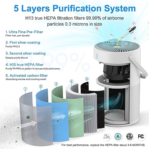 Air Purifiers for Bedroom Home 5 Layers H13 HEPA Air Filter, 22dB Ultra-quiet Air Purifier for office,Desktop,Kitchen,Filter 99.99% Smoke,Pollen, Pet Dander,Dust,Ozone Free,Available for California