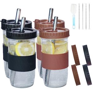 zrlljp reusable boba cup bubble tea cup 4 pack, 24oz smoothie cups with lids and silicone sleeve & angled wide straws, wide mouth mason glasses travel tumbler for large pearl