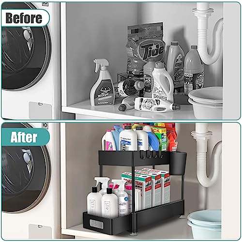 Under Sink Organizer, 2 Tier Bathroom Organizer Under Sink with Hooks, Hanging Cup, Under Kitchen Sink Organizer and Storage, Under Sink Slide-out Drawer Organizer Black