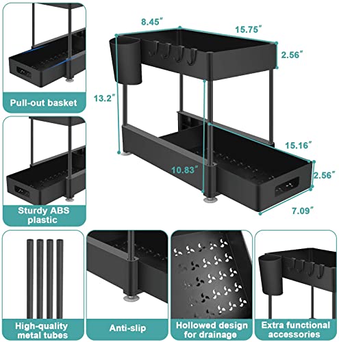 Under Sink Organizer, 2 Tier Bathroom Organizer Under Sink with Hooks, Hanging Cup, Under Kitchen Sink Organizer and Storage, Under Sink Slide-out Drawer Organizer Black